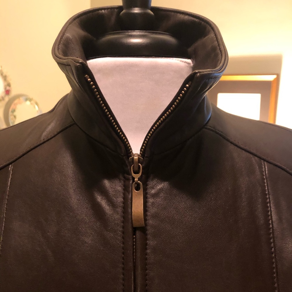 Lamb skin high quality dark brown soft leather - collared - zip front jacket - S - Picture 2 of 9